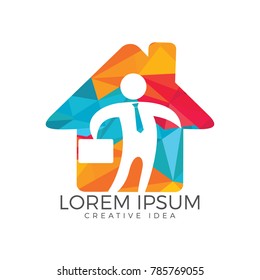 Businessman with bag house shape logo design. People logo icon. Business logo sign. Human character logo sign.