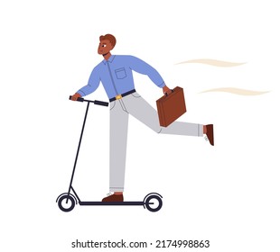 Empresario con Bag Date prisa en montar moto eléctrica. Empresario corriendo, apresurándose, tarde en Office. Transporte ecológico. Ambicioso hombre empleado aspirando, logrando su objetivo. Ilustración vectorial plana