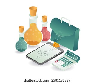 Businessman bag with laboratory experiment bottles