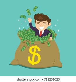 Businessman in a bag with money, illustration vector cartoon