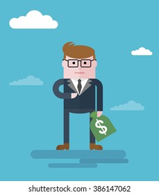 Businessman with a bag of money. The power of money, wealth, greed.Conceptual image of a businessman character. Cartoon flat vector illustration. Objects isolated on a background. 