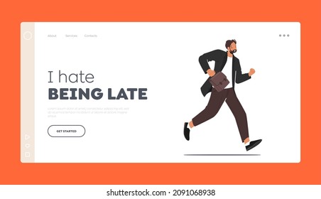 Businessman with Bag Run, Stress Landing Page Template. Business Character Late in Office, Anxious Businessman Hurry at Work due to Oversleep or Traffic Jam. Cartoon People Vector Illustration