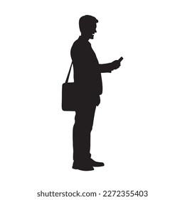 Businessman with bag texting on mobile vector silhouette.