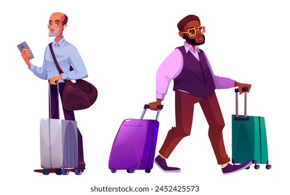 Businessman with baggage set isolated on white background. Vector cartoon illustration of man in business suit with smartphone and suitcase, african male passenger carrying luggage, travel characters