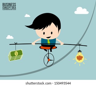 Businessman balance is brain in money on one wheel bicycle