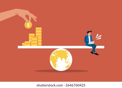 Businessman balance finance on seesaw. concept of financial stability and money management