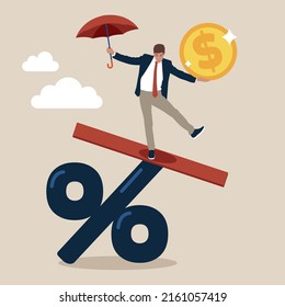 Businessman balance himself on percentage sign. Central bank money policy for inflation or interest rate, balance between profit and loss, financial challenge or risk, economic recover concept.