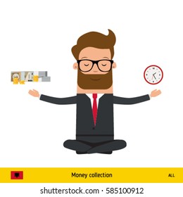 Businessman balance of money and time. Albanian lek banknote vector illustration.