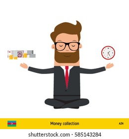 Businessman balance of money and time. Azerbaijani manat banknote vector illustration.