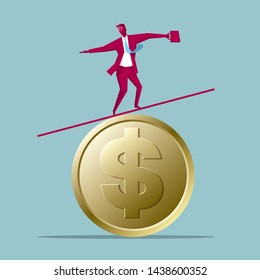 Businessman balance on dollar coin. The background is blue.