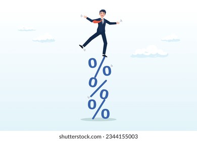 Businessman balance on percentage stack, risky interest rate hike causing business slow down or investment crisis, risk of economic recession, unstable financial or banking debt problem (Vector)