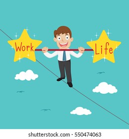 Businessman Balance On Rope With Words Of Work Life, Vector Illustration Cartoon