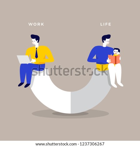 Businessman balance of work and family via scales half circle on floor. Flat design cartoon Vector illustrate.
