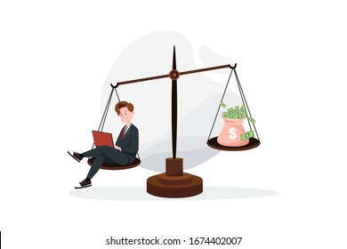 Businessman balance work and money on a scales.