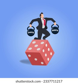 Businessman balanced on unstable red dice lifting weight costs and debts. Risk and speculative business concept vector illustration  