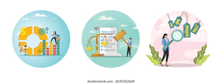 Businessman with balanced scorecard chart diagram. Businessman hold gavel with scale and regulation document. Young woman finding special bargain sale price tag.