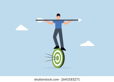businessman balances and directs rotating archery target with arrow hit bullseye