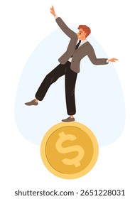 Saldos de empresário em moeda de ouro. Risco financeiro e de negócios. Homem de pé em dólar. Gestão de risco econômico. Cara mantendo o equilíbrio com o dinheiro. Incerteza financeira. Conceito de vetor