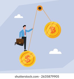 businessman balances on a large dollar coin, connected by a pulley system to a Bitcoin coin, symbolizing the comparison and balance between traditional currency and cryptocurrency investments