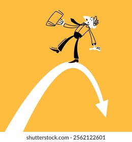A businessman balances over a precipice standing on an arrow . Stock markets crash. Saving money. The economic crisis. Doodle vector illustration.
