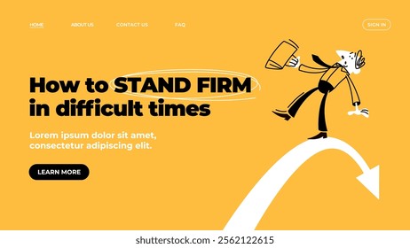 A businessman balances over a precipice standing on an arrow . Stock markets crash. Saving money. The economic crisis. Template of web banner and landing page. Doodle vector illustration.