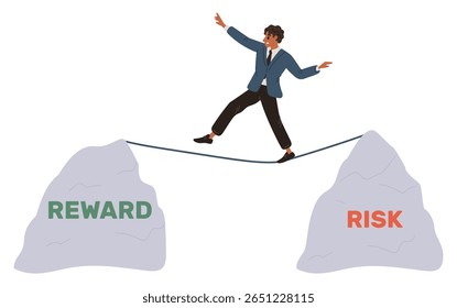 Empresário equilibra recompensa e risco ao andar corda entre montanhas. Superação de obstáculos. Gestão de riscos. Realização nos negócios. Cara mantendo o equilíbrio na corda bamba. Conceito de vetor