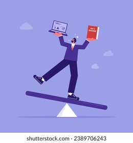 businessman balances work and education on the scales, learning or studying new skill for self improvement and success in work concept