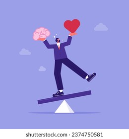 Businessman balancing between brain and heart on scale, emotions vs mind, choosing between Feelings and Mind, Career or Hobby, Love or Work