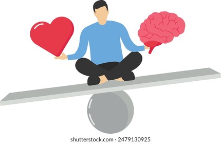 Businessman balancing between brain and heart on scale, emotions vs mind, choosing between Feelings and Mind, Career or Hobby, Love or Work

