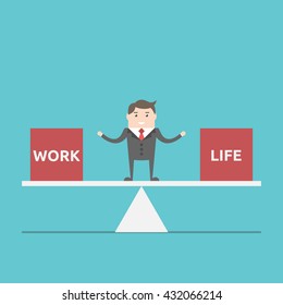 Businessman balancing between work and life on scales. Business, happness, harmony, lifestyle and time management concept. EPS 8 vector illustration, no transparency