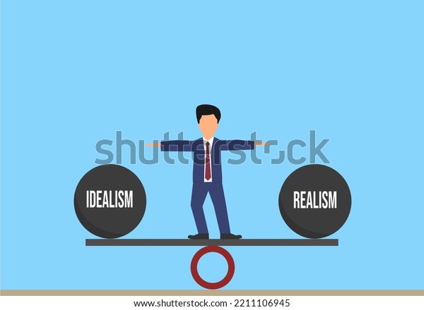 businessman balancing a board with symbols of\
idealism and realism, business people need to use logic and\
idealism in every business\
decision