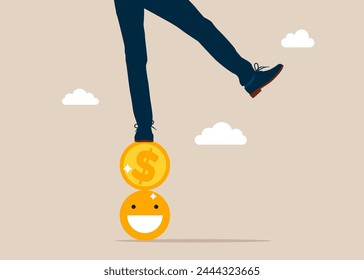 Empresario balanceándose en una pila de cara de sonrisa y moneda de dólar. Equilibrio entre el dinero y la felicidad, la riqueza y la salud, eligiendo una vida significativa. Ilustración vectorial plana