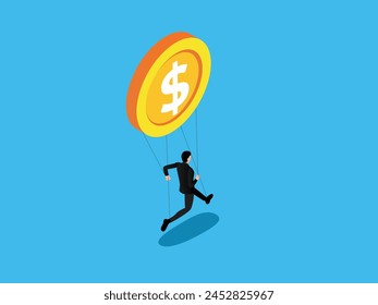 Hombre de negocios que se balancea en las cuerdas a una moneda de dólar 3d Ilustración vectorial isométrica
