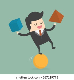 Businessman Balancing On the Ball. Business Concept Cartoon Illustration.