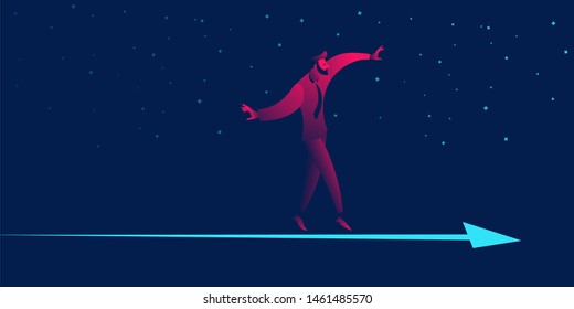 businessman balancing on chart. business balance, financial stability concept in red and blue neon gradients