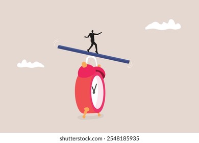 Businessman balancing on clock. concept of Flexible working hours, work life balance or focus and time management while working from home