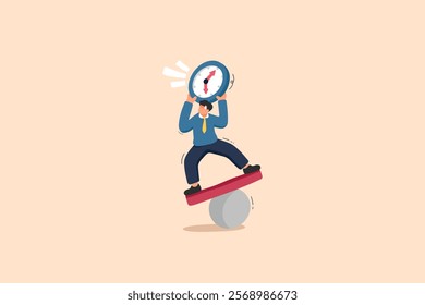 A Businessman balancing on a colorful platform while holding a large clock, symbolizing time management and productivity. Perfect for motivational content, blogs, and educational materials.