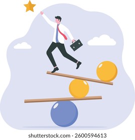 Businessman balancing on geometric shapes and reaching star. Achieving goal business concept vector illustration-conceptual for solving problems and creativity

