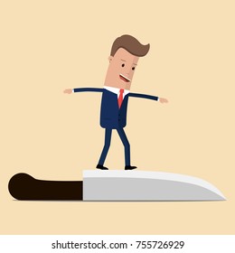 Businessman balancing on the knife. Risk concept . Vector illustration
