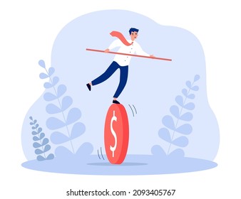 Businessman balancing on money coin with pole of equilibrium. Tiny man with new crazy idea and high risk flat vector illustration. Risky venture concept for banner, website design or landing web page