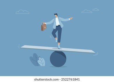 Businessman balancing on a plank, Concept of flexibility and adaptability, Flexibility or agility in response to uncertain situations, Adapting strategies to adverse business situations, Vector.