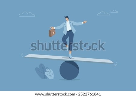 Businessman balancing on a plank, Concept of flexibility and adaptability, Flexibility or agility in response to uncertain situations, Adapting strategies to adverse business situations, Vector.