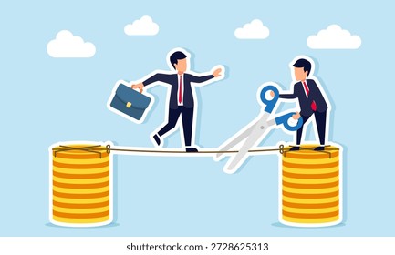 Hombre de negocios balanceándose en una cuerda entre las pilas de monedas mientras otro hombre de negocios corta la cuerda ilustrando el engaño en el trabajo en equipo de negocios