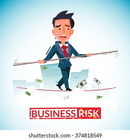 Businessman balancing on rope, business risk concept with typographic for your header design - vector illustration