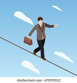 Businessman is balancing on the rope isometric vector illustration Comic book style imitation.