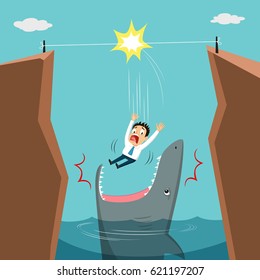 Businessman balancing on the rope sliding down into shark pond, business crisis concept