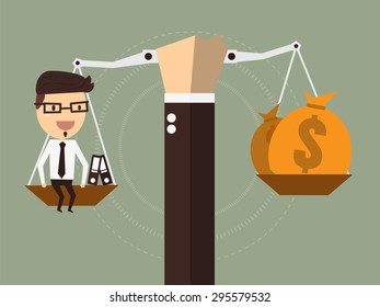 Businessman balancing on the scales with work and money,Vector cartoon concept abstract business