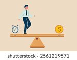 Businessman balancing on a seesaw between time and money, symbolizing work-life balance, financial decisions or planning, and time management. Perfect for presentations, articles, productivity.