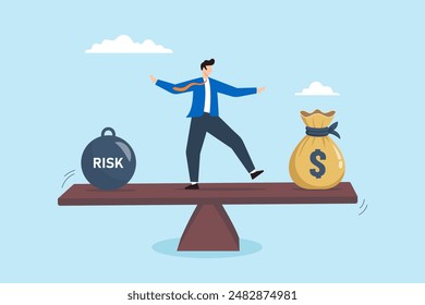 Businessman balancing on seesaw between risk and money bag reward concept management investment decisions and equilibrium