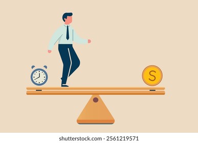 Businessman balancing on a seesaw between time and money, symbolizing work-life balance, financial decisions or planning, and time management. Perfect for presentations, articles, productivity.